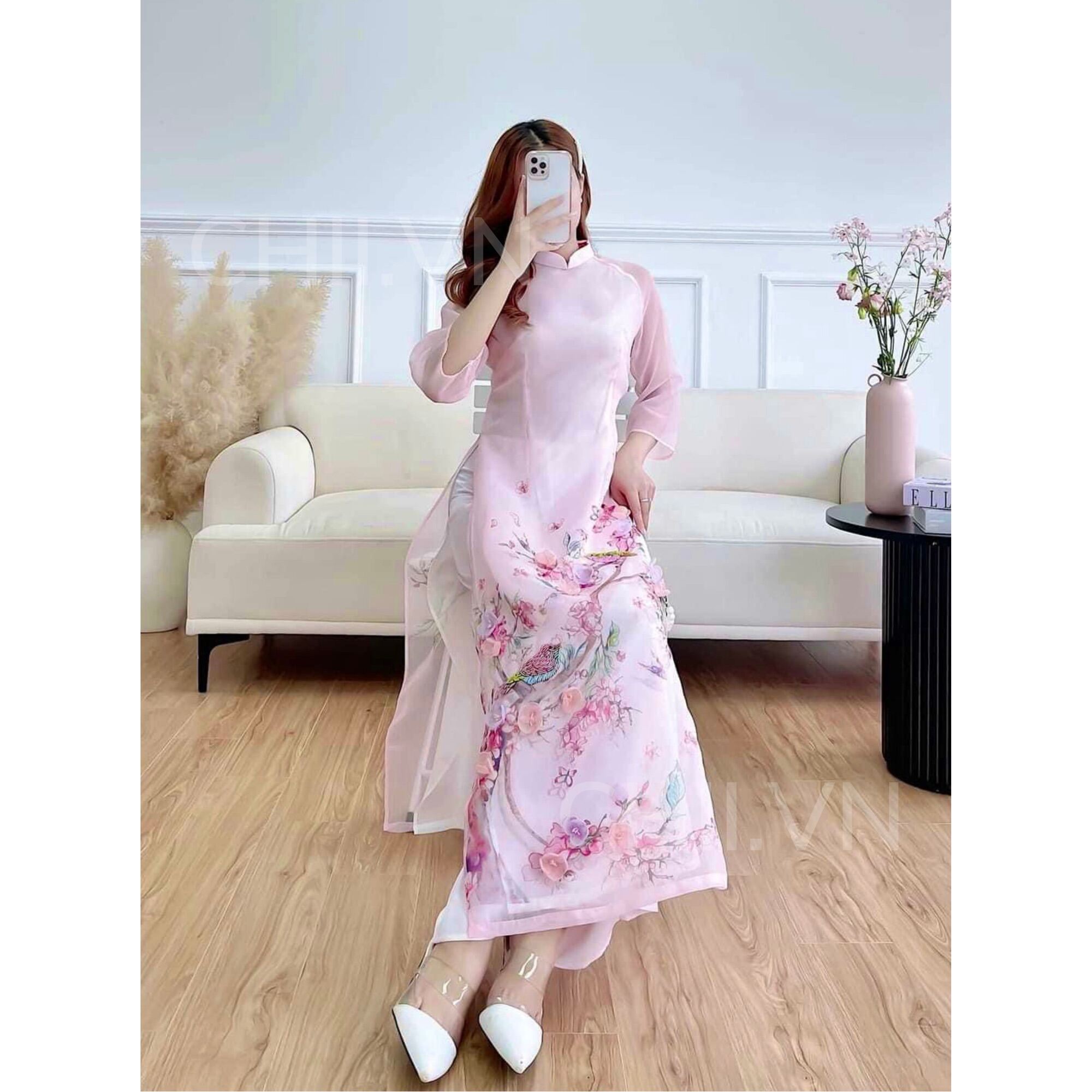 Áo Dài Cách Tân Đính Hoa Nổi Kết Hạt Thủ Công, Áo Dài Tơ Organza 4 Tà Hoạ Tiết Hoa Đào Màu Hồng Đẹp Hàng Cao Cấp