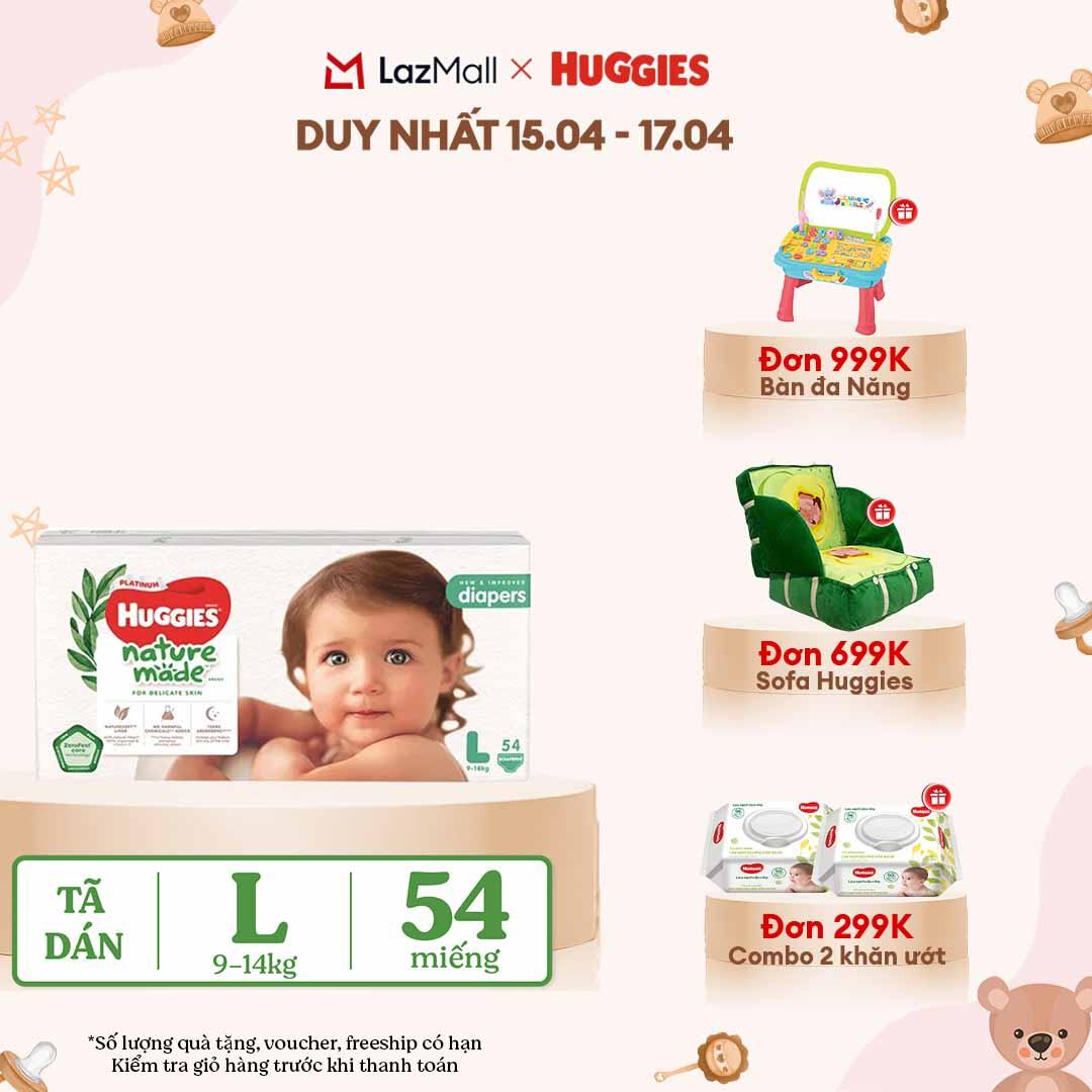 [CHỈ 18-24.04 QUÀ TẶNG ĐƠN 399K](Mua 1 tặng 1) Tã/Bỉm dán HUGGIES PLATINUM NatureMade L54 (9-14kg)-Gói Jumbo 54 miếng