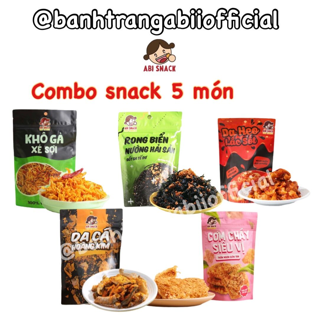 Combo snack 5 món da cá, da heo, cơm cháy, khô gà, rong biển Abi