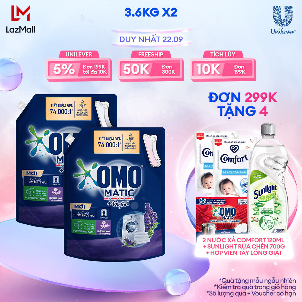 Combo 2 Túi Nước giặt OMO Matic chuyên dụng Cửa Trước Lavender Khử Mùi Thư Thái 3.6kg