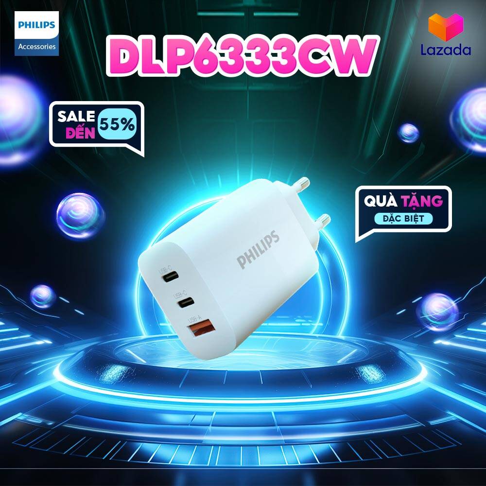 Củ sạc philips dlp6333, 3 cổng: 1 usb-a 18w + 2 usb-c sạc nhanh pd 65w, có hỗ trợ chuẩn sạc pps