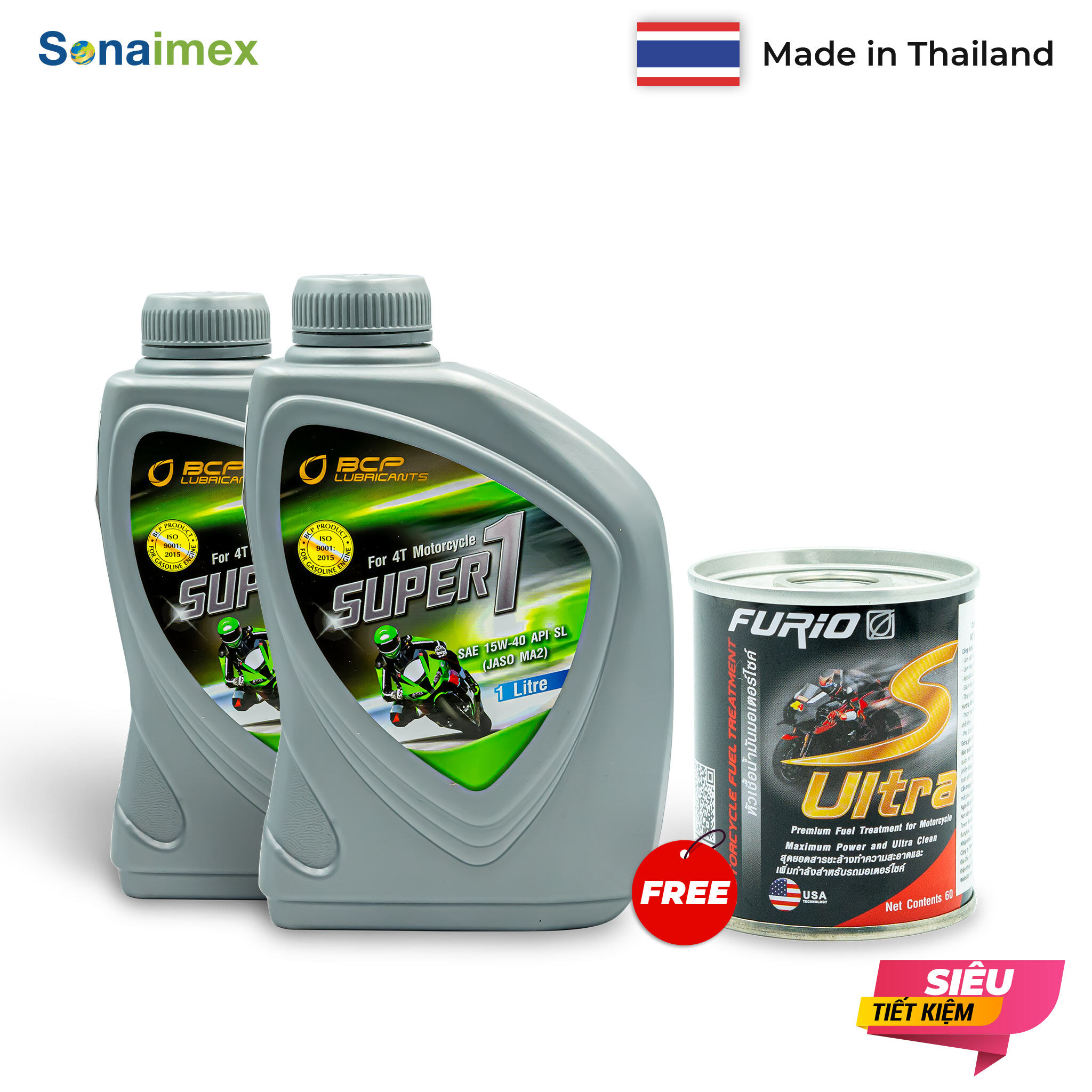 [QUÀ TẶNG] Combo 2 Chai nhớt xe máy BCP Thái Lan 1 Lít SUPER 1 SAE 15W40, API SL, JASO MA2 dành cho xe số 4 thì - TẶNG 1 Lon BCP S-Ultra 60 mL dung dịch vệ sinh buồng đốt, bình xăng con siêu sạch