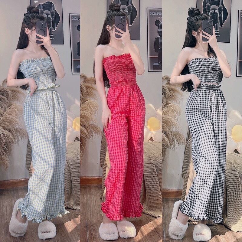 Áo caro nhún eo kèm quầnn sexy 2023