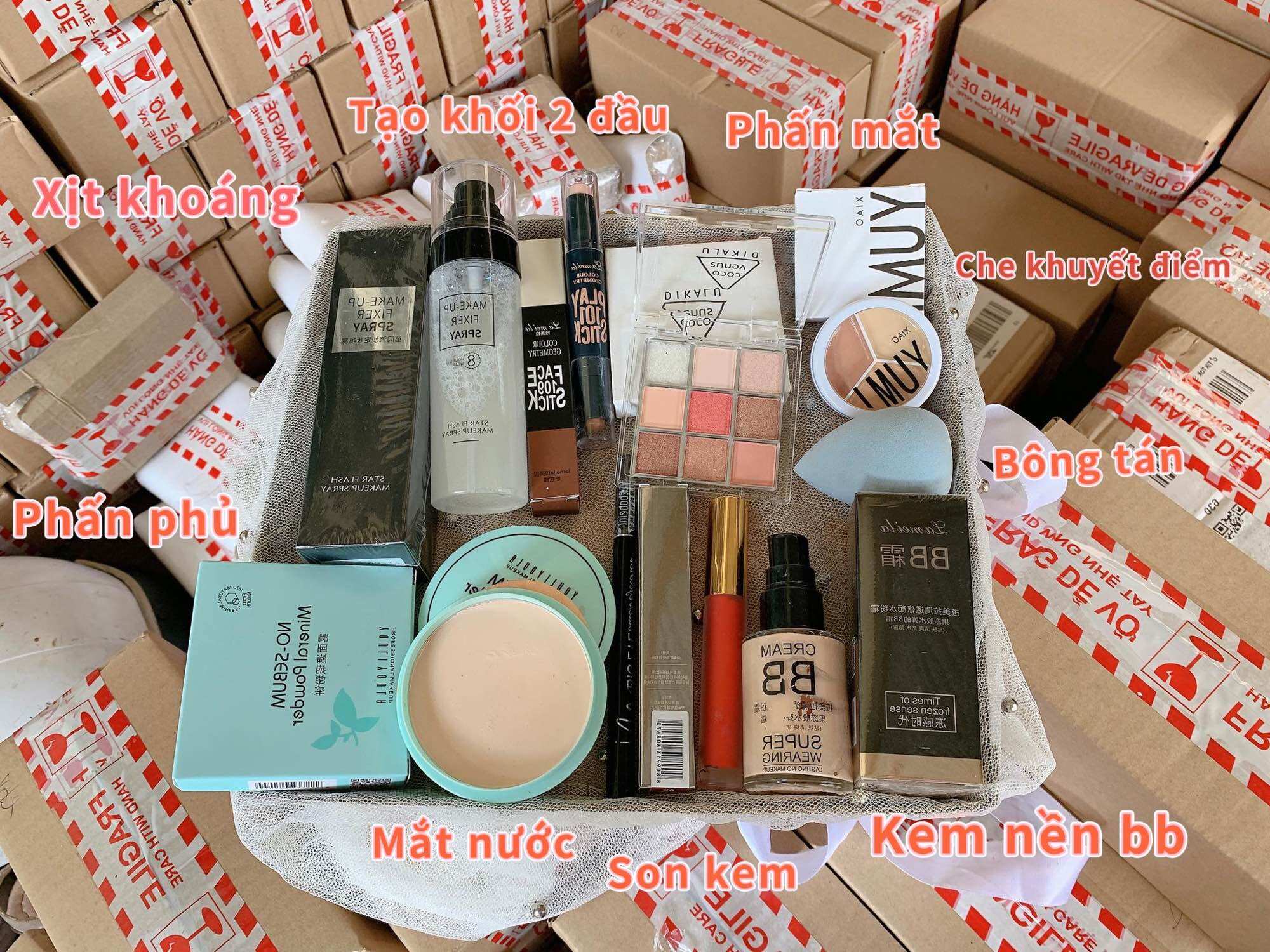 Bộ trang điểm chuyên nghiệp 9 món kem nền bb che khuyết điểm+phấn phủ tự nhiên+macara dài mi dày mi+phấn mắt 9 màu +bấm mi cong mi+son kem lì+ tạo khối+xịt khoáng+bb che khuyết điểm