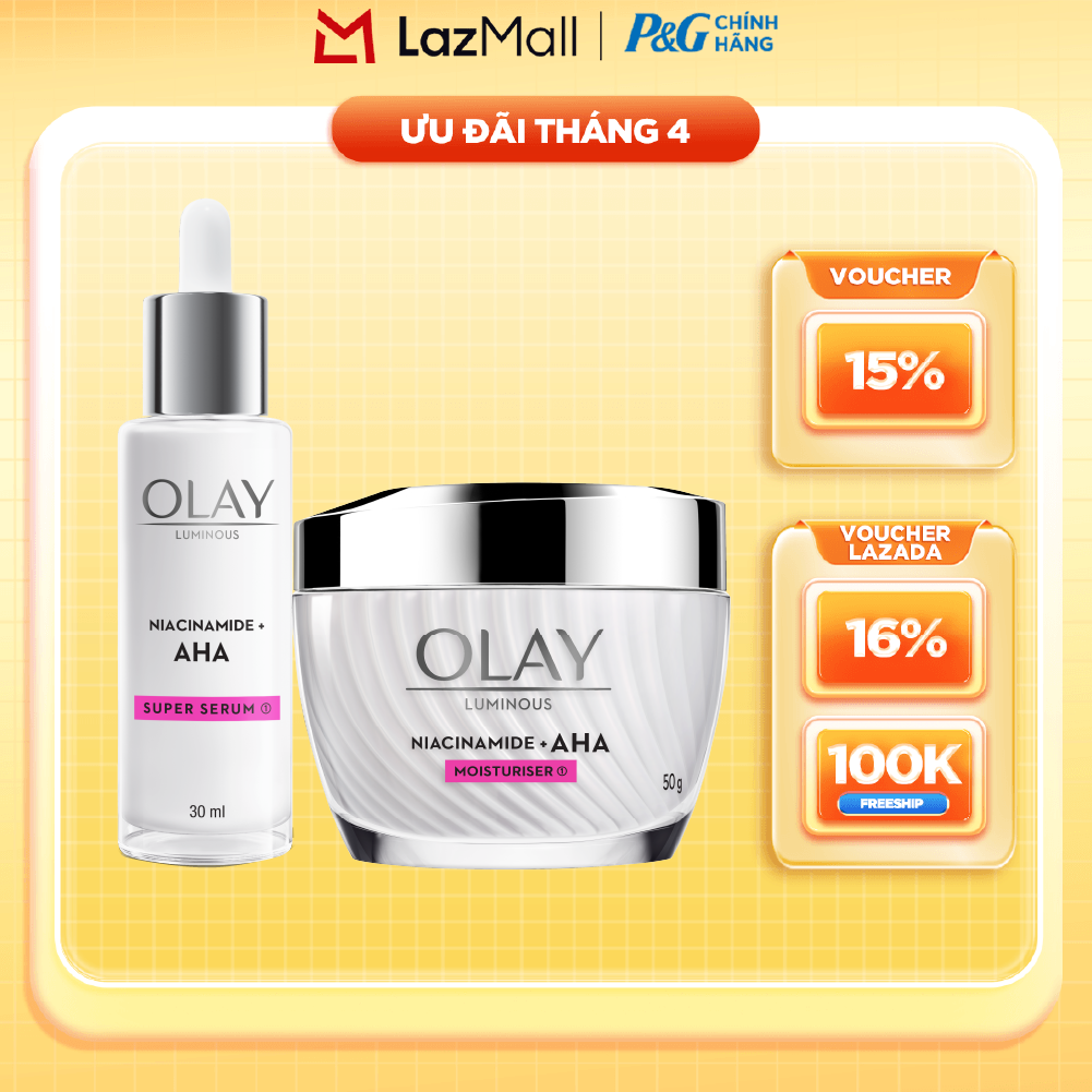 Combo Kem Dưỡng Ban Ngày OLAY LUMINOUS NIACINAMIDE AHA Dưỡng Ẩm Sáng Da, Mờ Thâm Mụn Hũ 50G + Serum OLAY LUMINOUS NIACINAMIDE AHA Dưỡng Ẩm Sáng Da, Mờ Thâm Mụn Chai 30ML