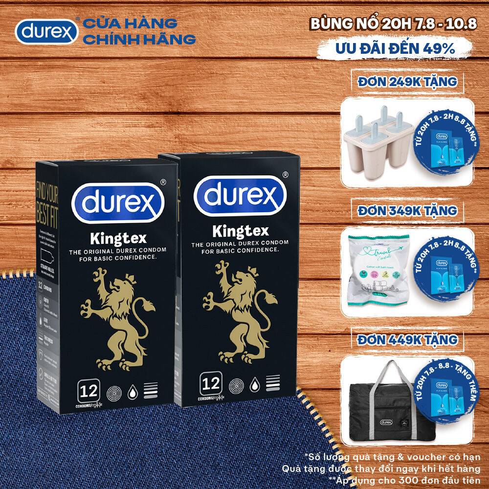  [20H 7-10.8 - Voucher đến 35K] Bộ 2 hộp bao cao su Durex Kingtex bôi trơn, ôm sát size 49mm, 12 bao/hộp