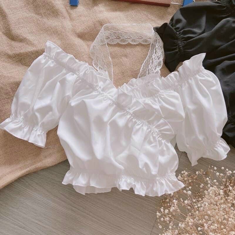 ÁO KIỂU CHÉO TAY NGẮN PHỐI DÂY REN