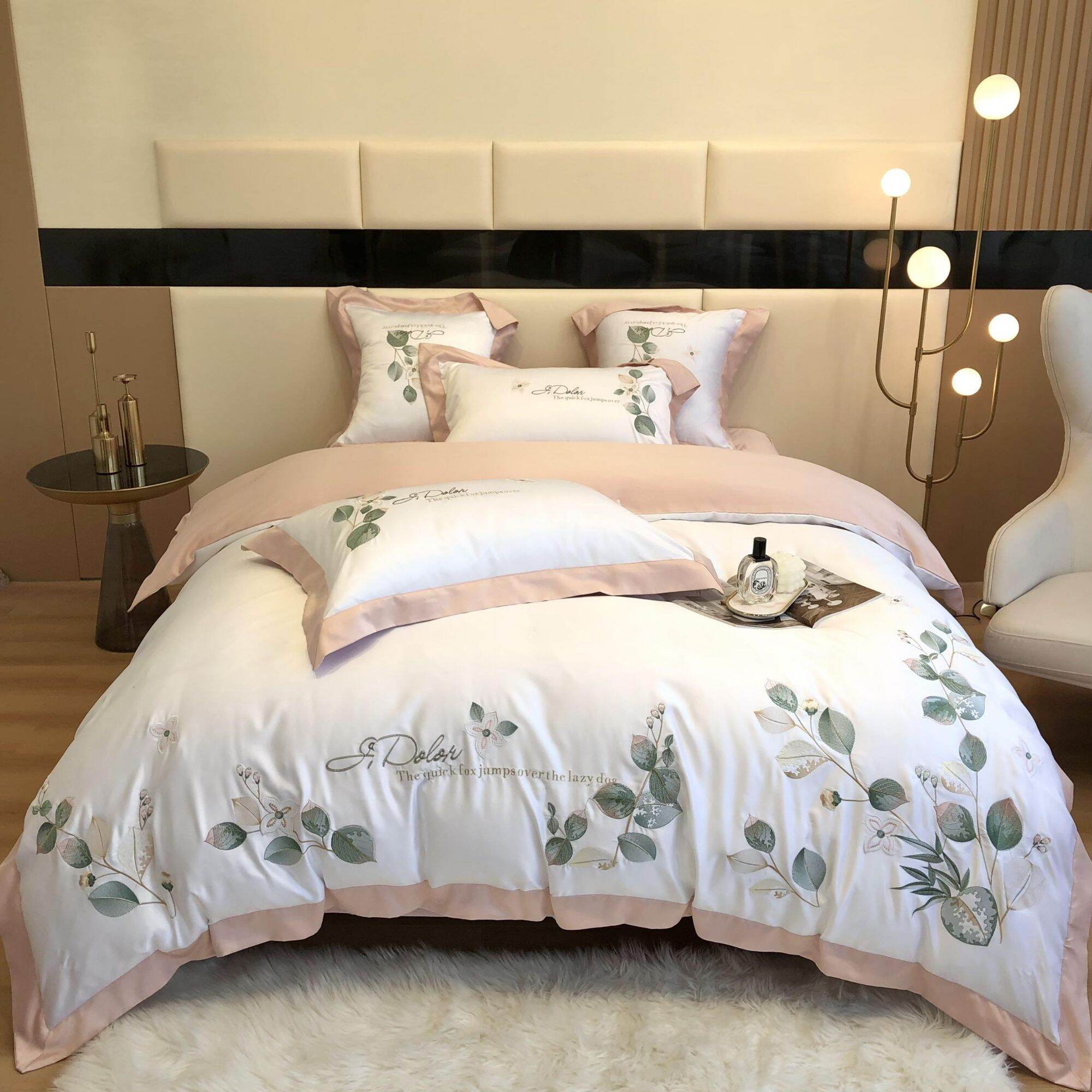 Bộ chăn ga gối lụa silk thêu hoa lá