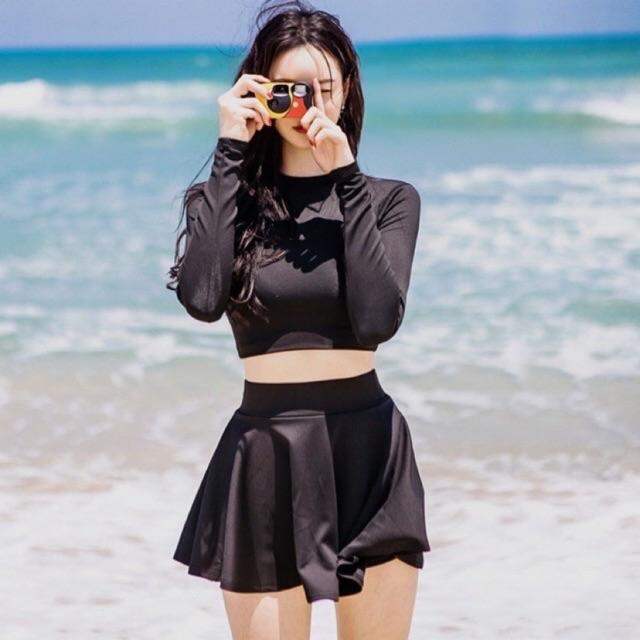 CÓ SIZE Đồ bơi bikini tay dài croptop đen trơn quần short hoặc váy