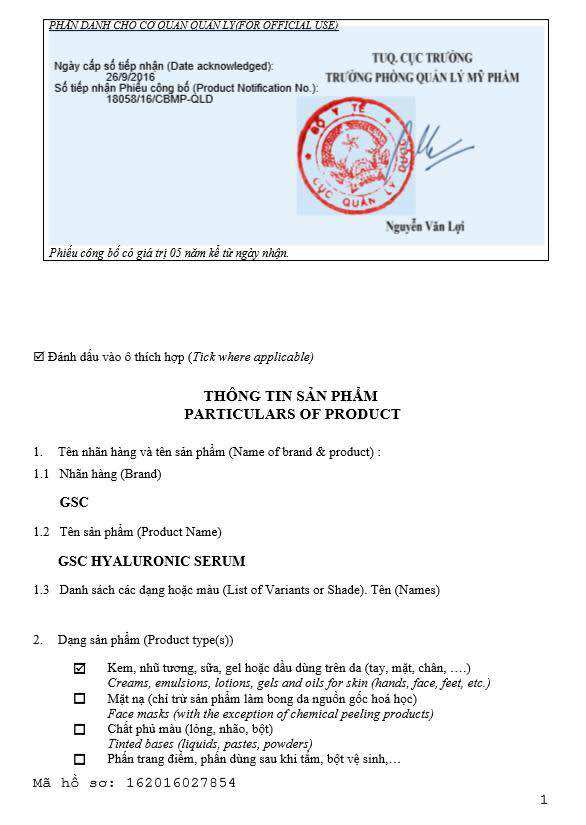 Serum HA cấp nước dưỡng trắng da GSC 12ml