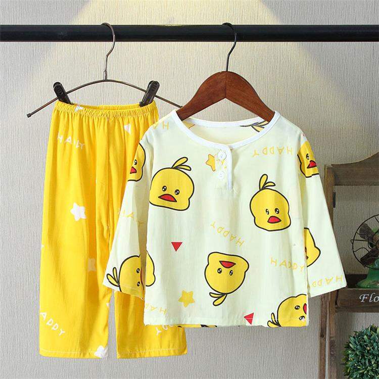 Đồ Ngủ Trẻ Em Lụa Cotton Mùa Hè Bộ Đồ Bé Trai Bộ Đồ Mặc Nhà Điều Hòa Bé Gái Mỏng Tay Dài Lụa Thô Bé Gái Em Bé