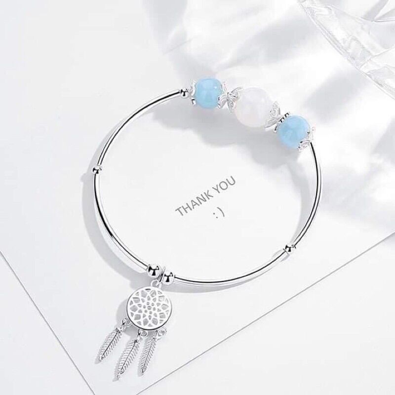 Vòng tay phong thuỷ đá aquamarine phối đá mặt trăng mix charm bạc 925. hợp mệnh thủy, mộc