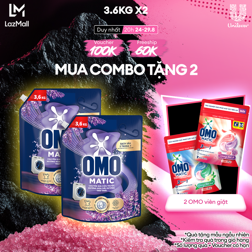 Combo 2 Túi Nước giặt OMO Matic chuyên dụng Cửa Trước Lavender Khử Mùi Thư Thái 3.6kg