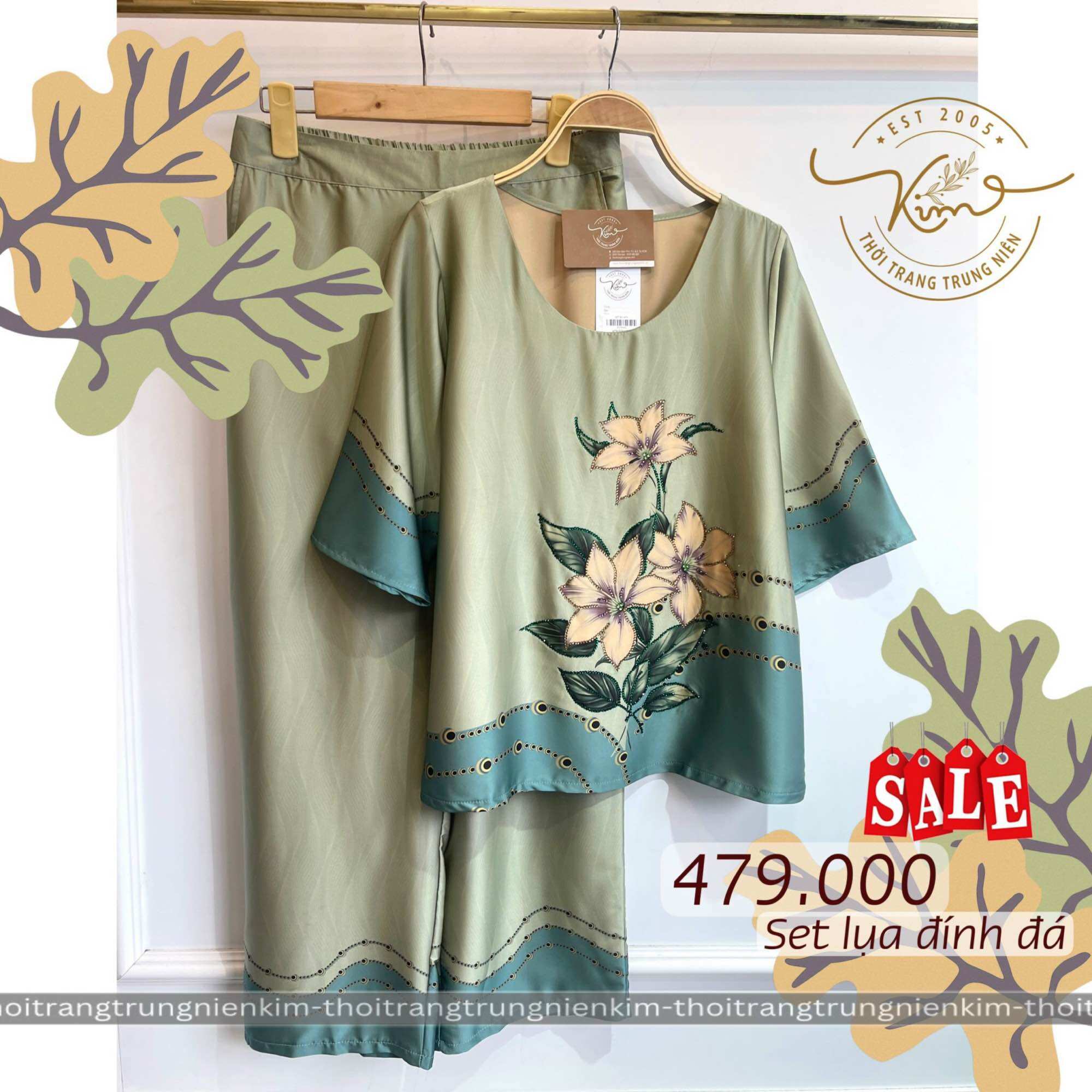 Sét bộ lụa trung niên cao cấp hoạ tiết đính đá sang trọng Bigsize quần dài 90cm