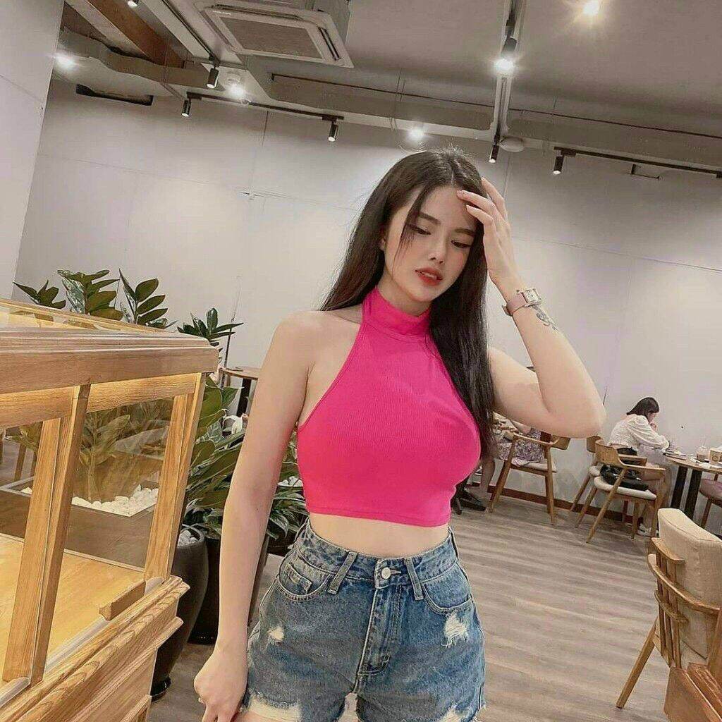 Áo cổ yếm hở lưng Thun Gân Croptop