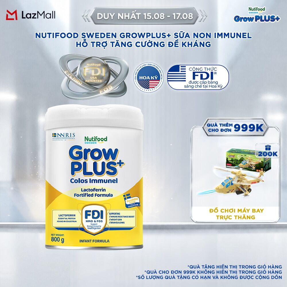 Sữa Bột Nutifood Sweden GrowPLUS+ Sữa Non Immunel từ 1 - 2 tuổi lon 800 g (Bao bì tuỳ lô hàng)