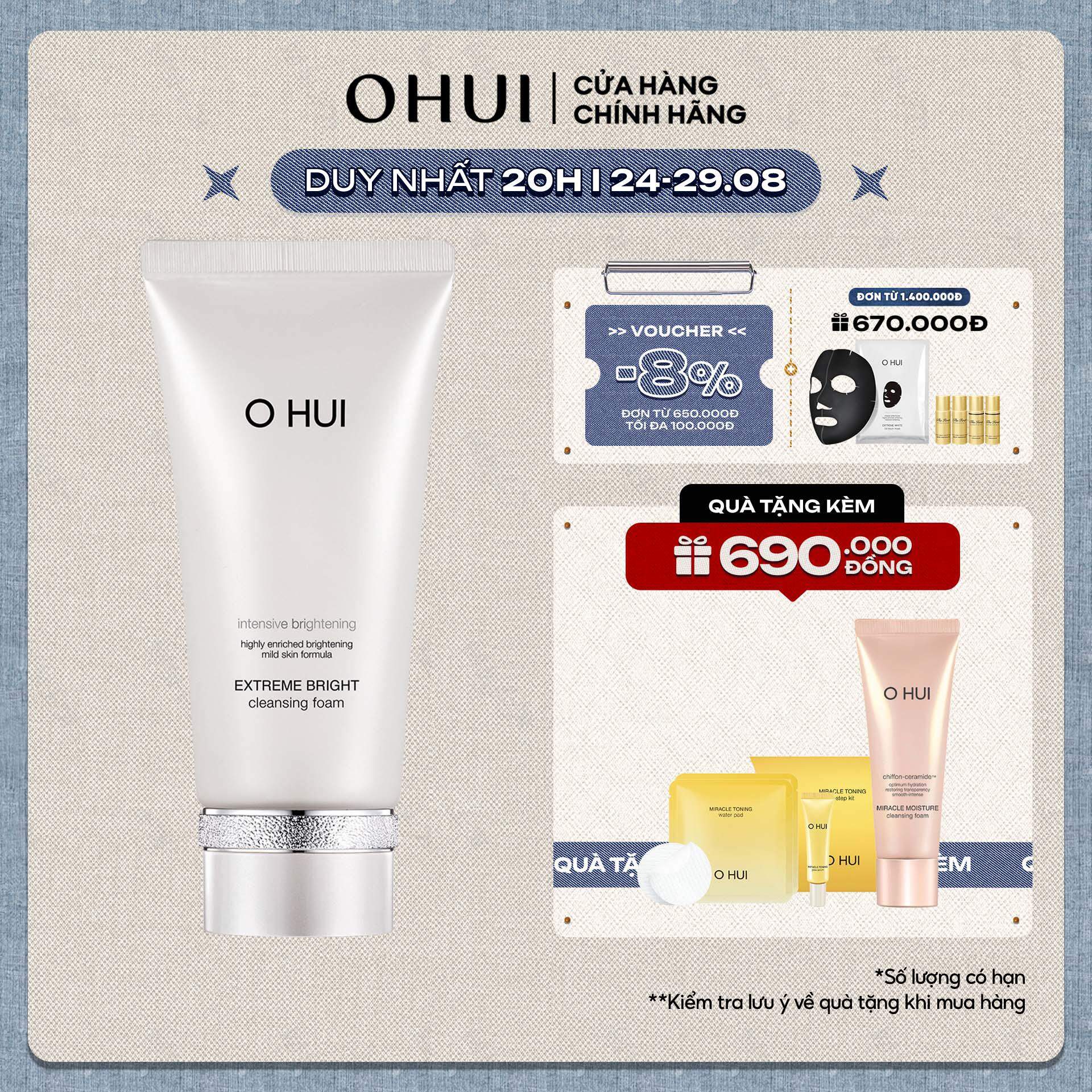 Sữa rửa mặt dưỡng trắng OHUI Extreme Bright Cleansing Foam 160ml