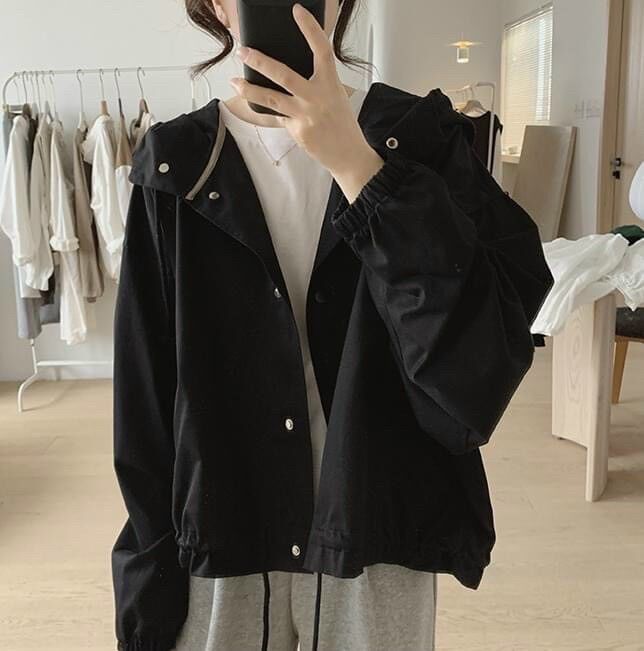 Áo khoác kaki da lộn 1 lớp form lửng có nón basic trơn unisex ulzzang nam nữ