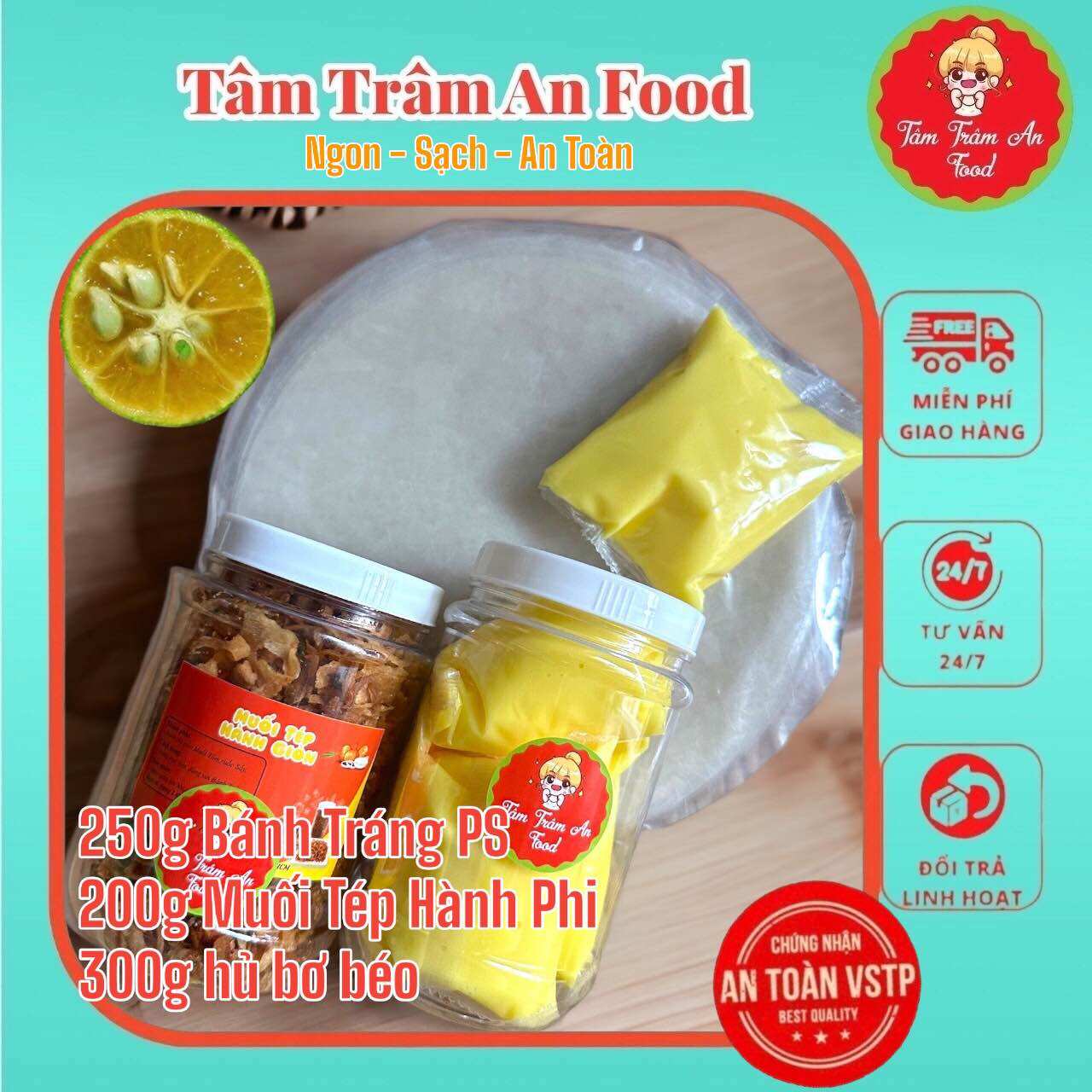 Bánh tráng phơi sương 250g, 300g bơ vàng, 200g muối tôm hành phi