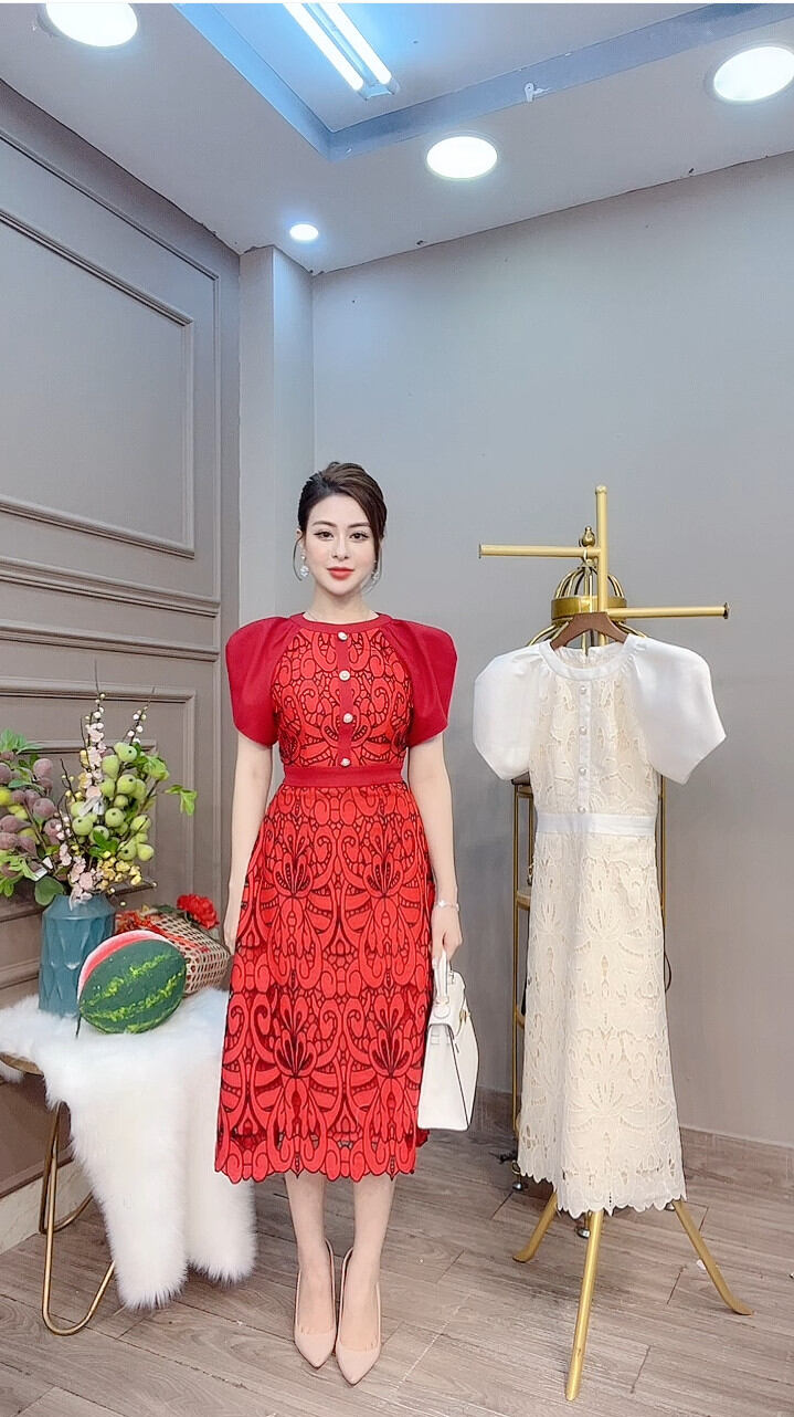 Đầm ren thêu chỉ đính cúc dáng A Monoco