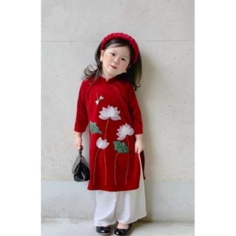 Áo dài nhung hoa sen kèm mấn+ quần lụa , áo dài tết cho bé gái