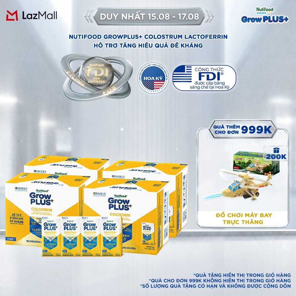 Combo 4 Thùng 24 hộp Sữa bột pha sẵn Nutifood Sweden GrowPLUS+ Colostrum Lactoferrin 110ml