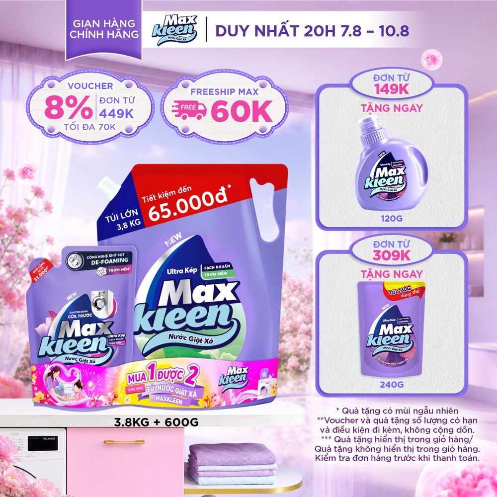 Combo Nước giặt xả MaxKleen Hương Vườn Sớm Mai: 1 Túi 3.8kg + 1 Túi 600g