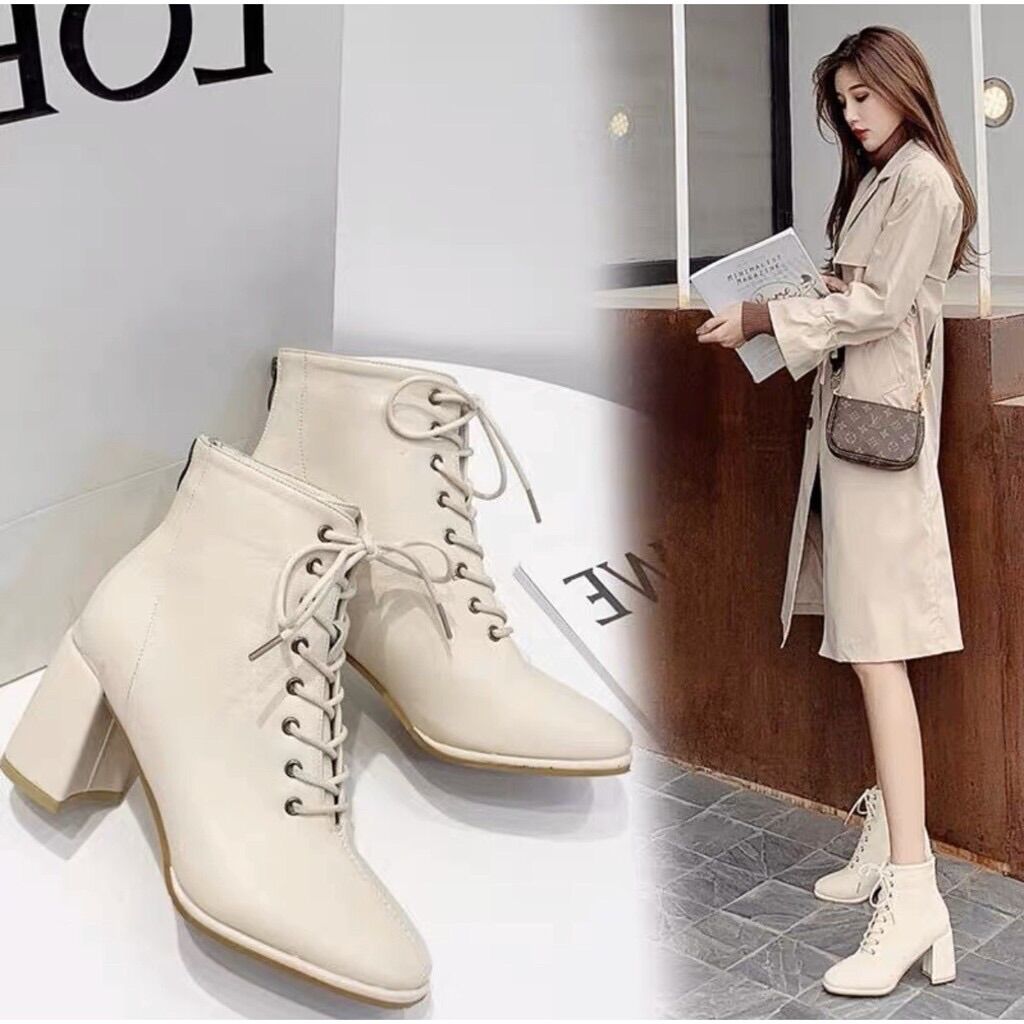 Bốt nữ nhiều dây gót vuông da lì cao cấp