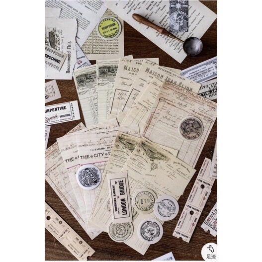 Set giấy nền tem nhãn dán vintage trang trí sổ tay journal diy