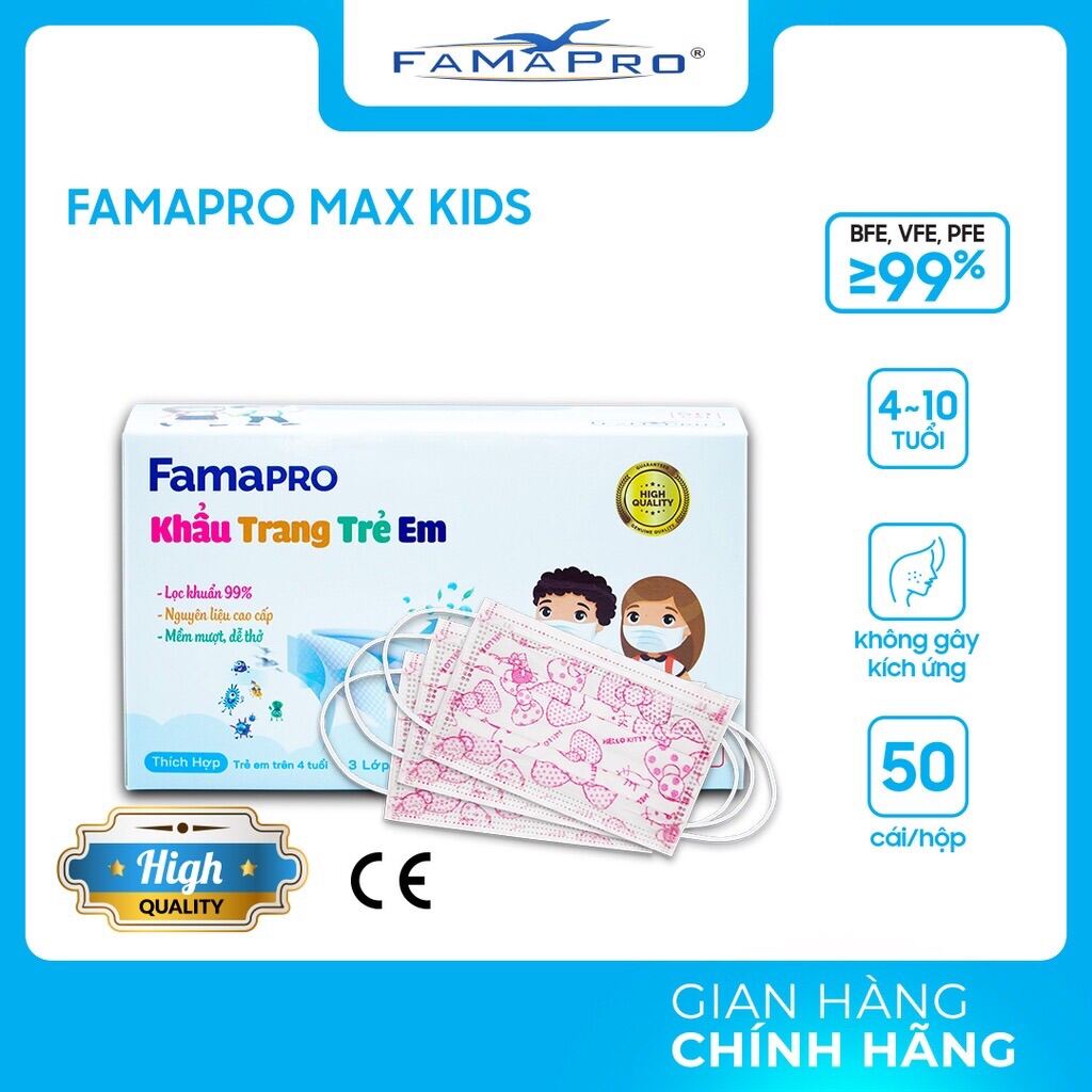 3 hộp khẩu trang y tế 4 lớp Famapro trẻ em(150 cái)/khẩu trang Famapro trẻ em nhập khẩu