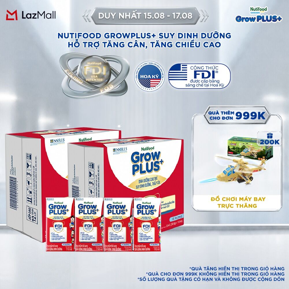 Combo 2 Thùng 24 hộp Sữa Nước Pha Sẵn Nutifood GrowPLUS+ Suy Dinh Dưỡng (Đỏ) - Hỗ Trợ Tăng Cân Tăng Chiều Cao Ít đường 110ml - Trên 1 tuổi (Bao bì tùy đợt nhập hàng)