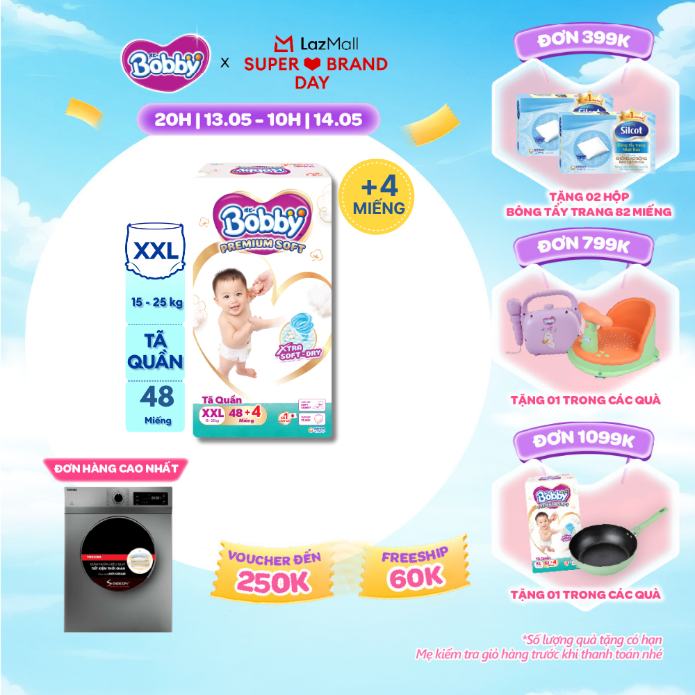 [CHỈ 20h 13.05 QT Đơn 899K/1199K][Tặng 4 miếng] Tã quần Bobby Premium Soft size XXL48