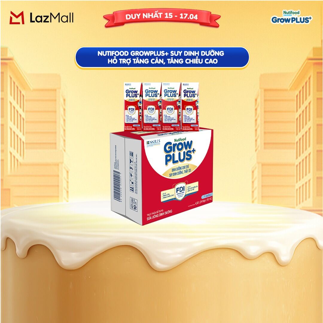 Thùng 24 hộp Sữa Nước Pha Sẵn Nutifood GrowPLUS+ Suy Dinh Dưỡng (Đỏ) - Hỗ trợ tăng cân, tăng chiều cao Ít đường 180ml - Trên 1 tuổi (Bao bì tùy đợt nhập hàng)
