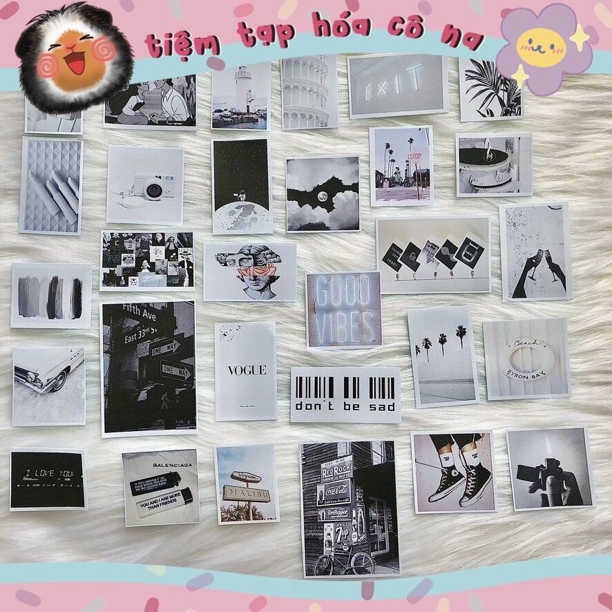 Bộ Sticker / hình dán chủ đề Trắng Đen - tiemtaphoacona