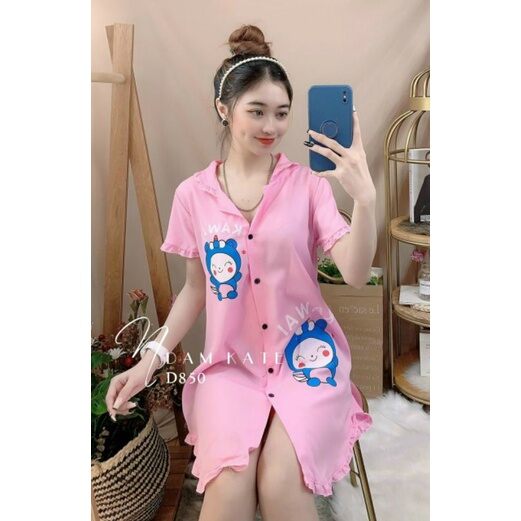 Đầm ngủ sơmi ngắn chất lụa hàn mặc nhà cho nữ - Áo dấu quần dài mặc nhà - M43