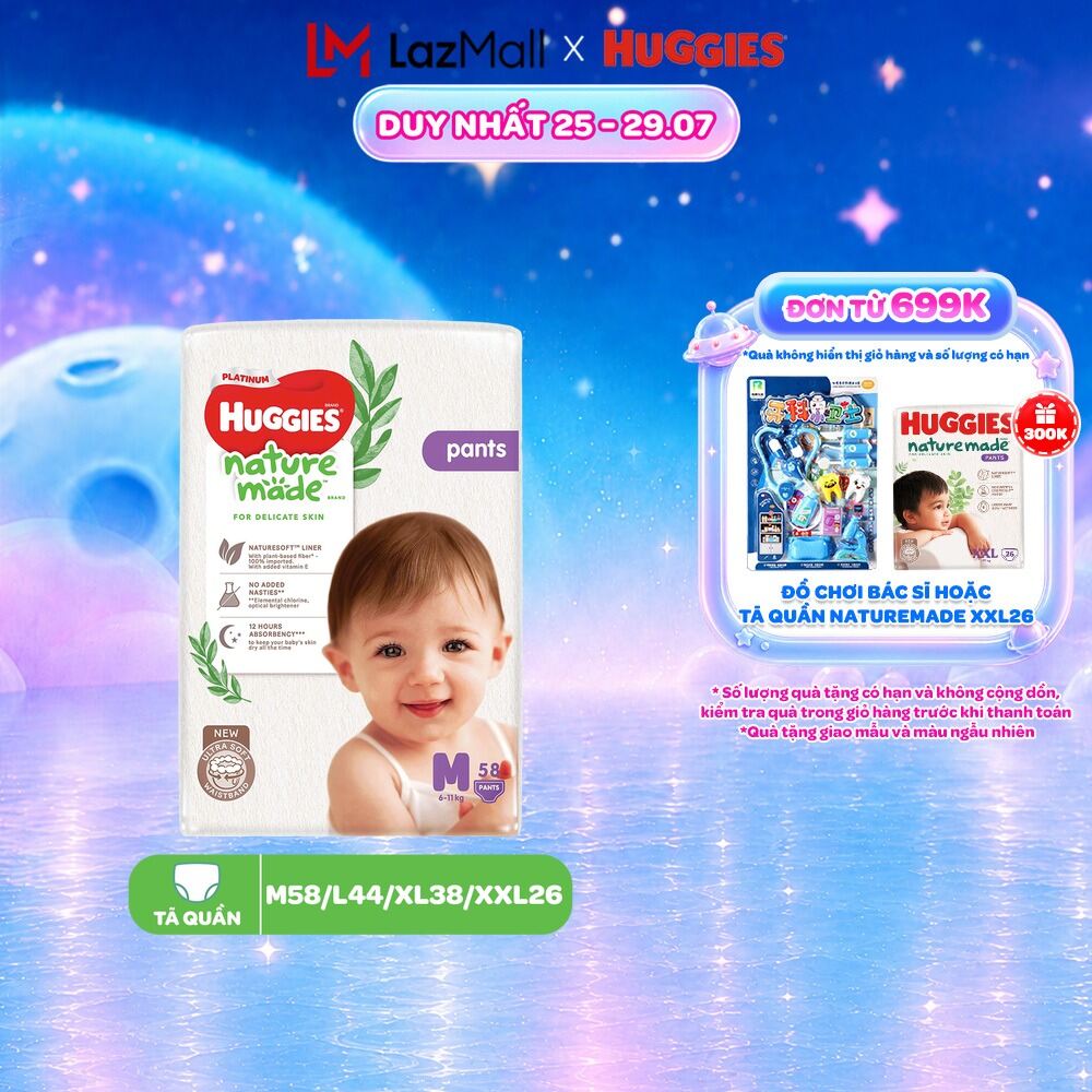 Tã/Bỉm quần Huggies NatureMade Platinum M58/ L44/ XL38/ XXL26/ XXXL28