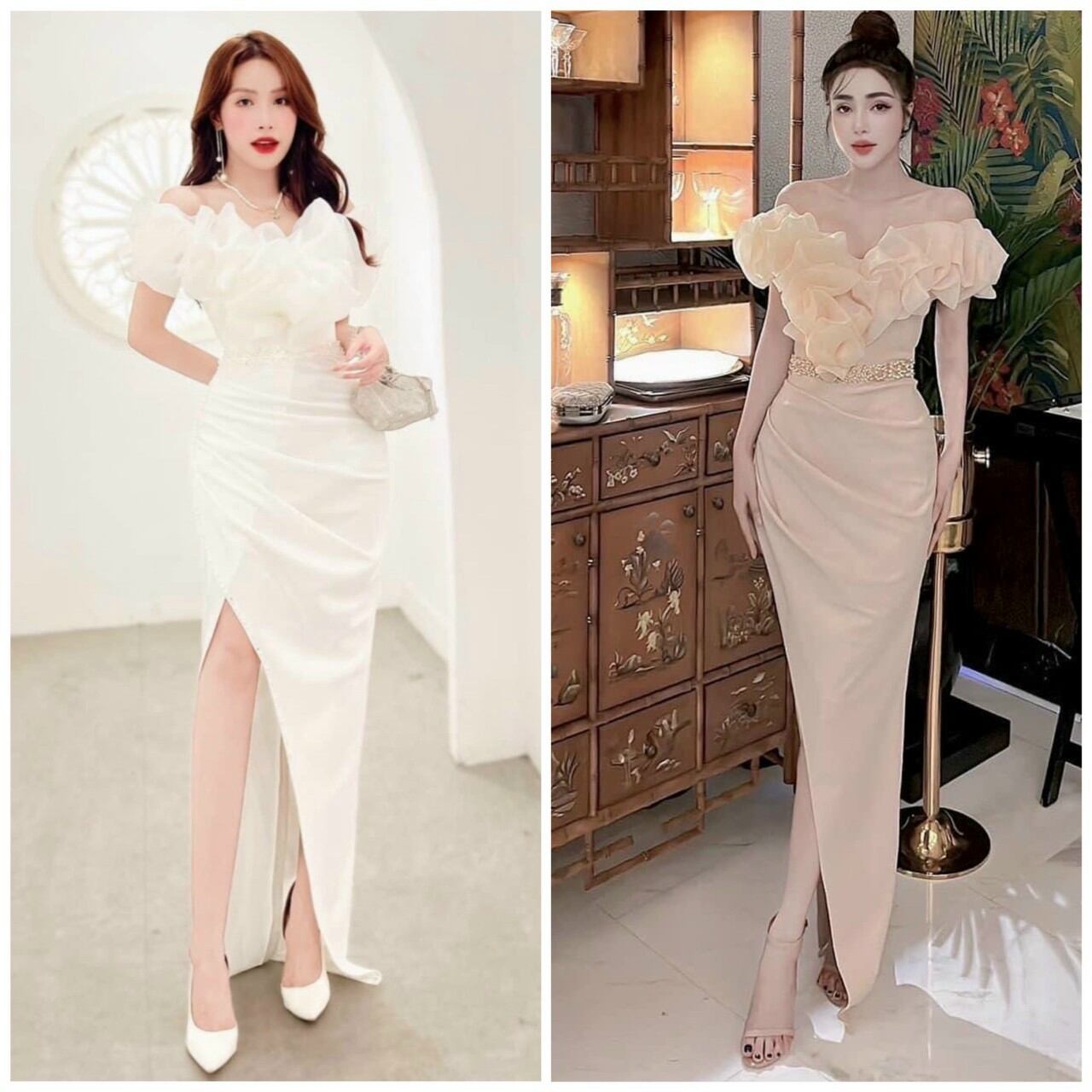 Đầm body bẹt vai phồng ngực kết đá eo