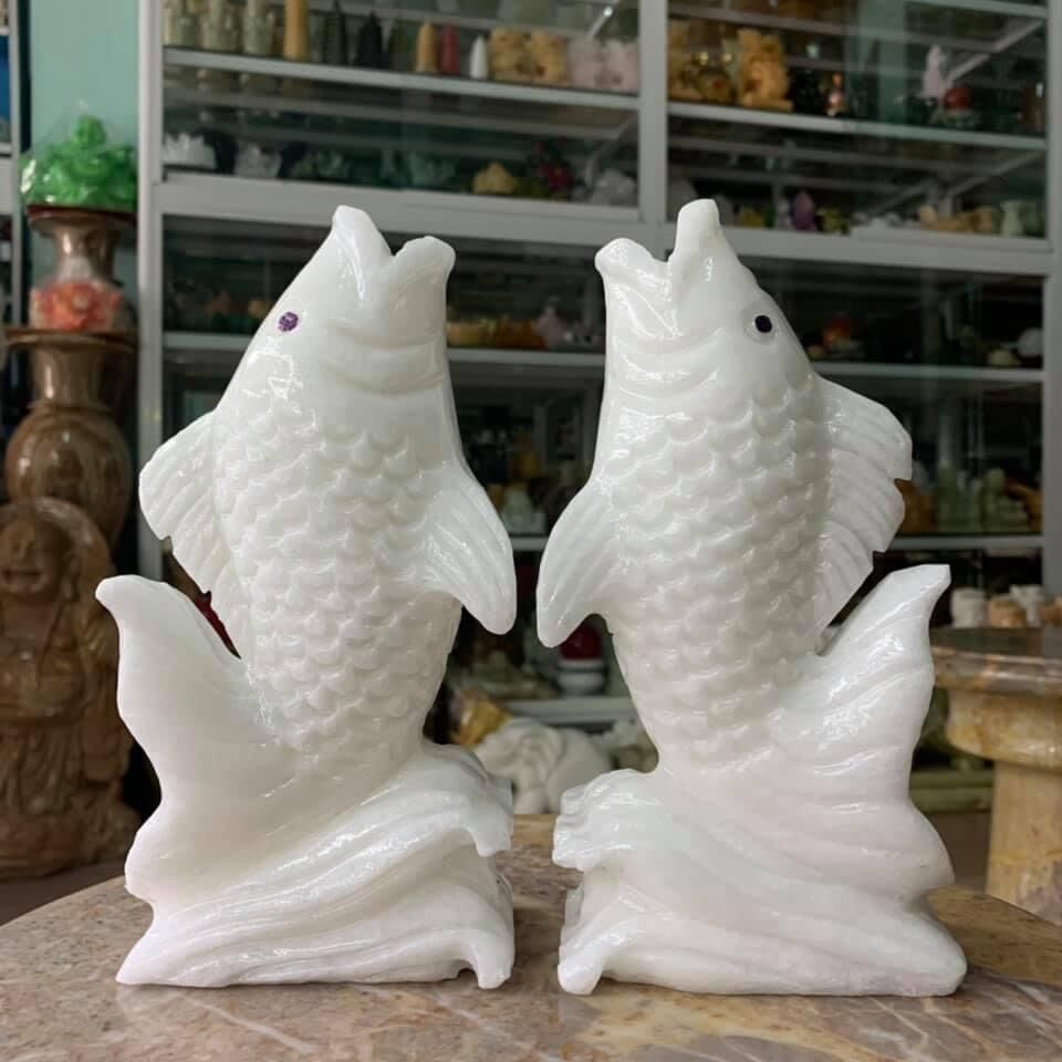 Cặp cá chép đá cẩm thạch trắng - cao 21cm