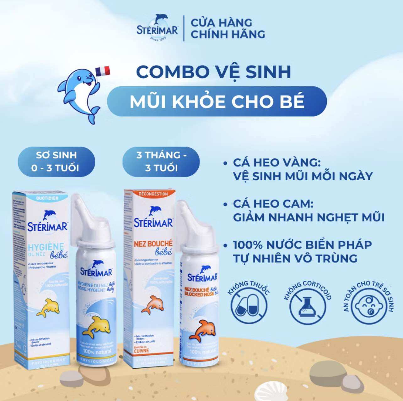 Xịt mũi cá heo cho trẻ Sterimar xanh Pháp 50ml