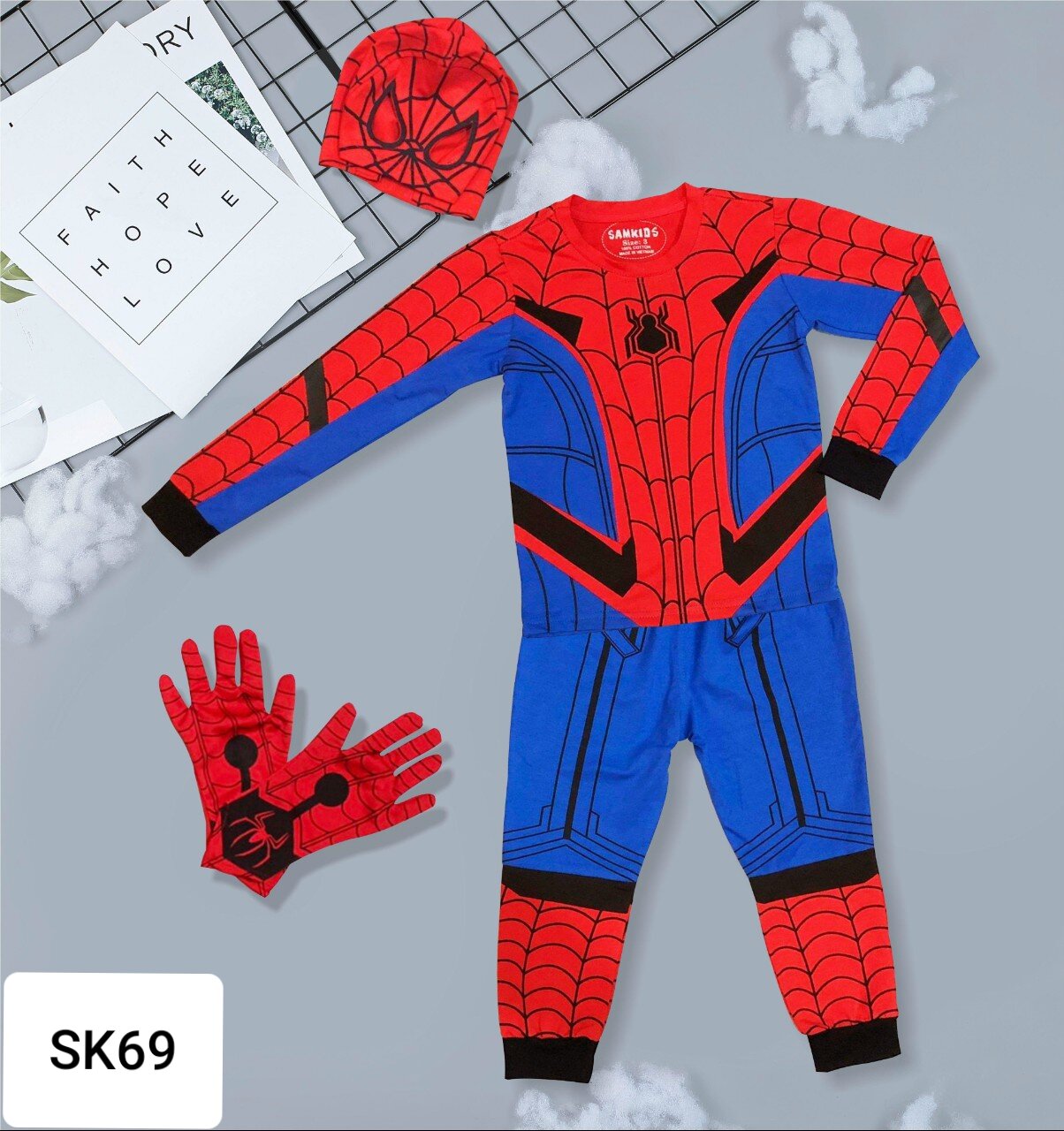 Bộ quần áo dài người nhện spiderman tặng kèm bao tay, mủ trùm samkids_69