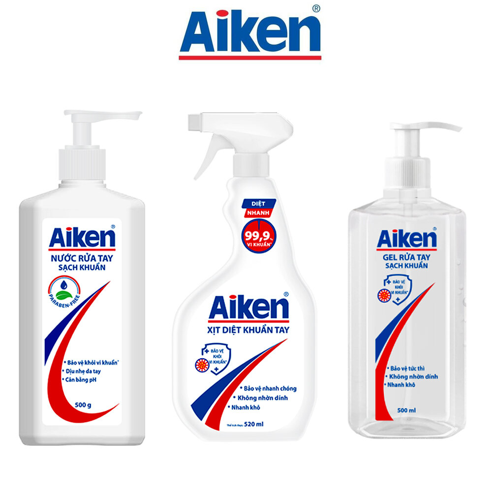 Aiken bộ nước rửa tay, gel khô và xịt diệt khuẩn tay 500gr