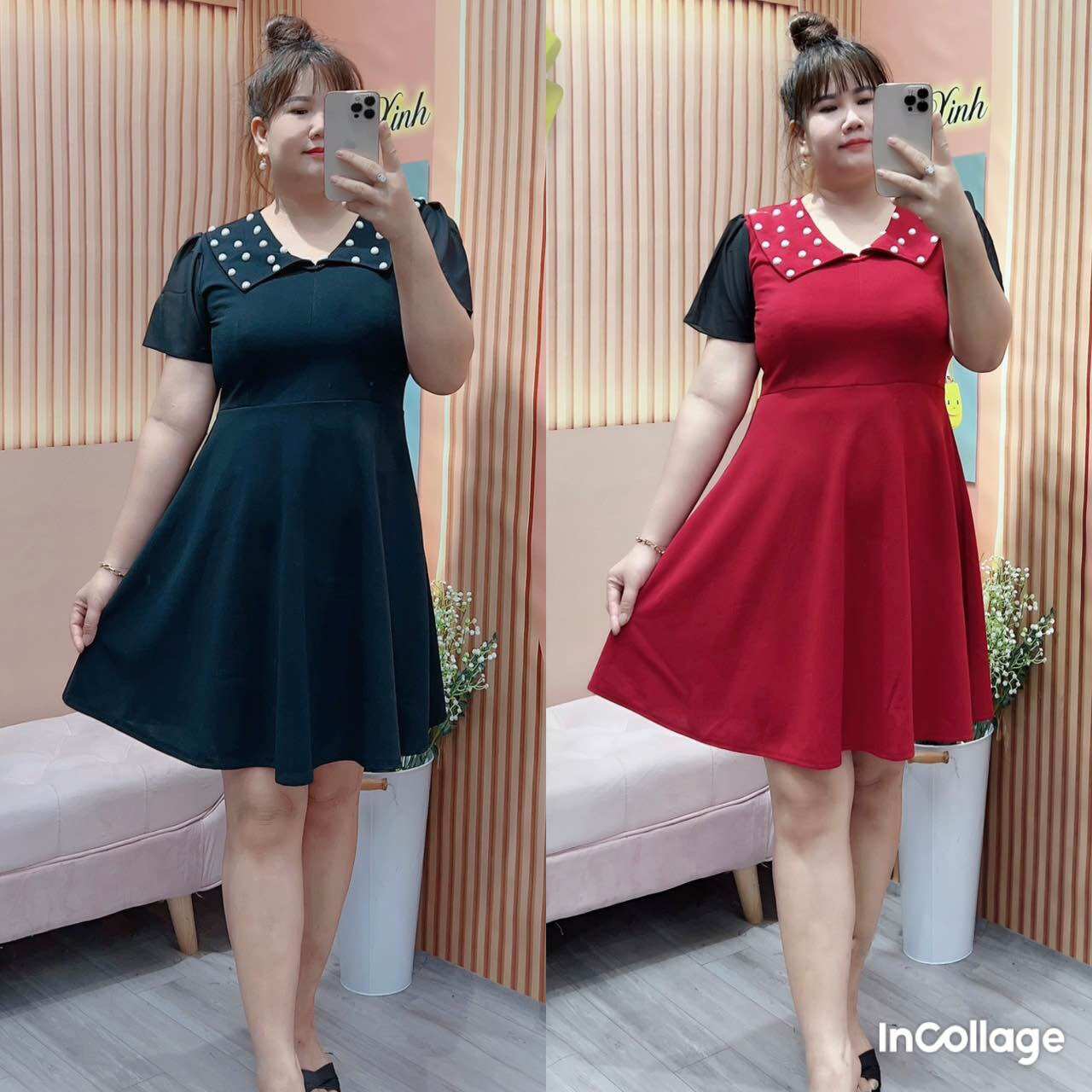 Đầm xoè cổ sen đính hạt siêu sang bigsize nữ từ 60kg đến 95kg
