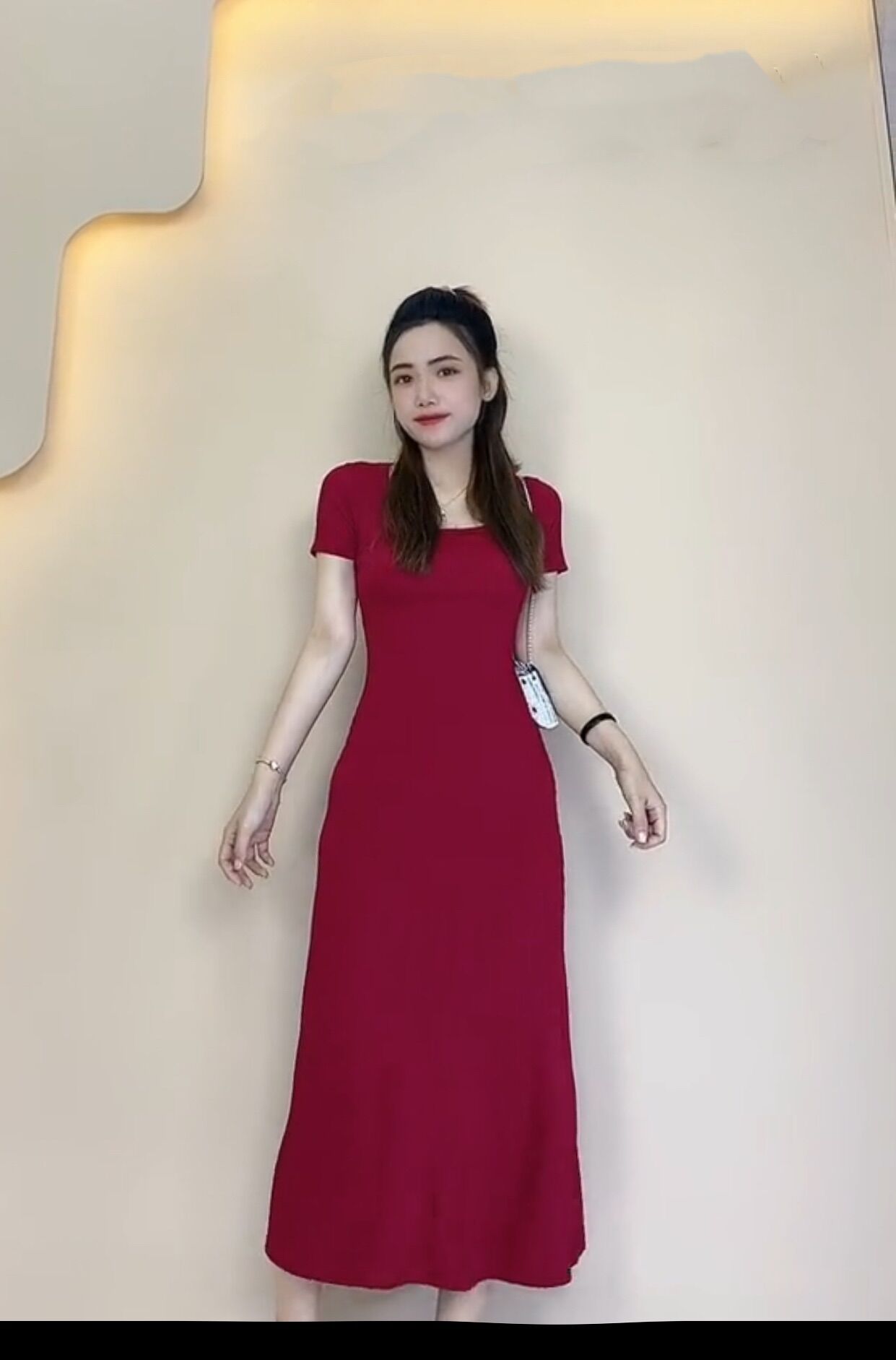 Đầm thun gân ôm body cổ vuông dáng dài xoè nhẹ tôn dáng