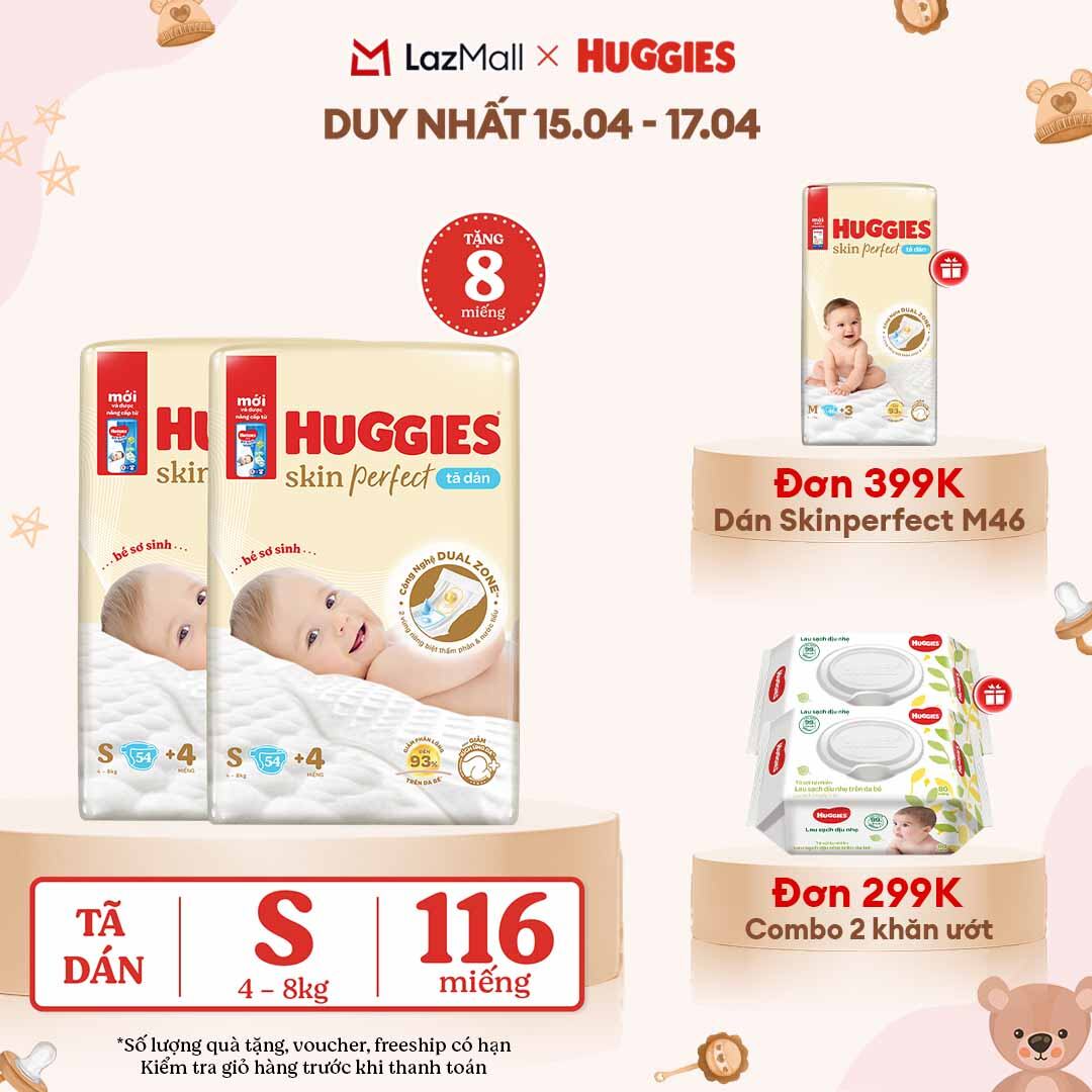 [CHỈ 18-24.04 QUÀ TẶNG ĐƠN 0Đ]  Combo 2 Tã/bỉm dán sơ sinh Huggies Skin Perfect S 54 miếng với 2 vùng thấm giảm kích ứng da (số miếng tặng kèm thay đổi theo từng đợt nhập hàng)