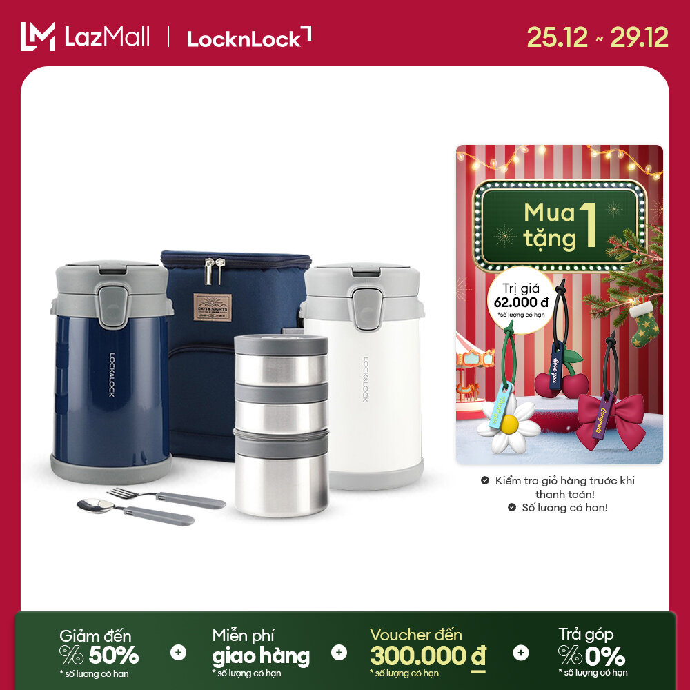  Bộ hộp cơm giữ nhiệt Lock&Lock Easy Carry - LHC8039 - kèm bộ muỗng nĩa và túi đựng. Gồm 1 hộp 720ml+ 2 hộp 420ml - Hàng chính hãng 