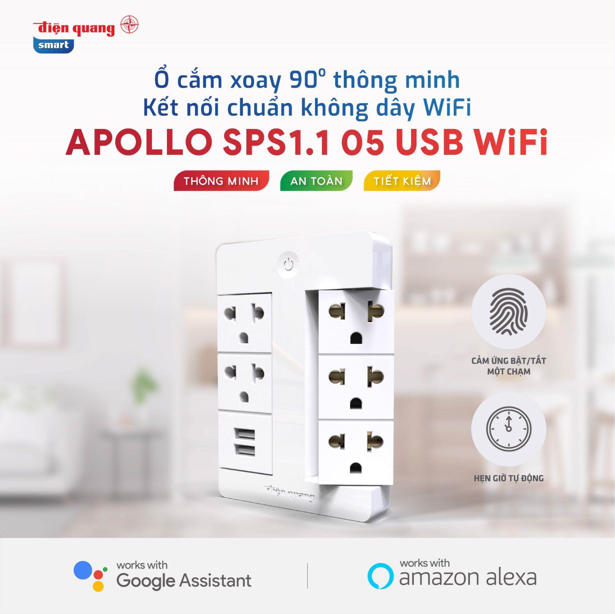 Ổ cắm xoay 90 độ thông minh Wifi Điện quang 2 cổng USB tiện lợi