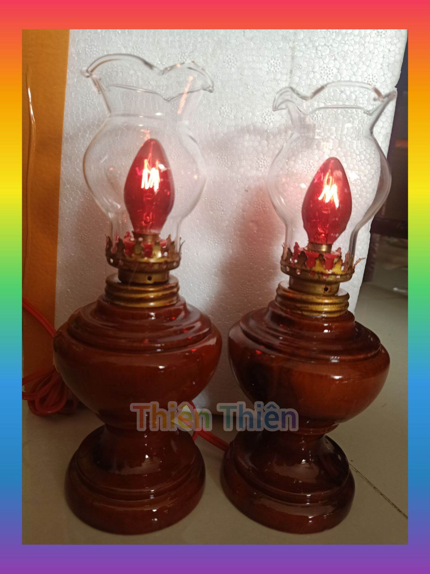 Đèn thờ cúng gỗ tràm cao 20cm. đèn thờ điện phong thủy trang trí.bóng điện thủy tinh