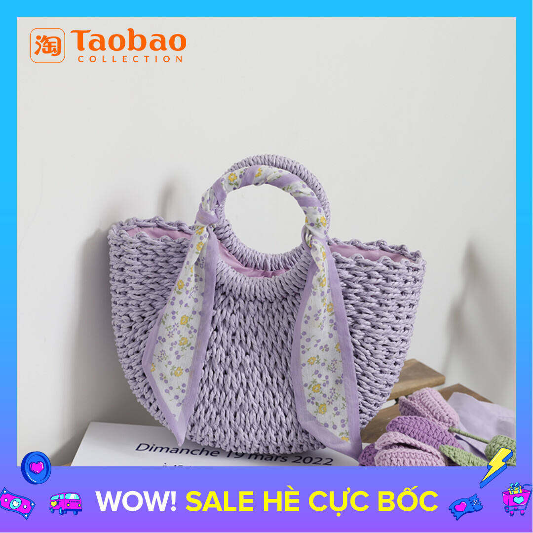 Khăn Lụa Hoa Nhỏ Màu Tím Túi Đan Cói Tươi Mới Nhỏ Túi Đan Nửa Tròn Xách Tay Túi Nữ Túi Đan Mây Dễ Phối Túi Giỏ Rau