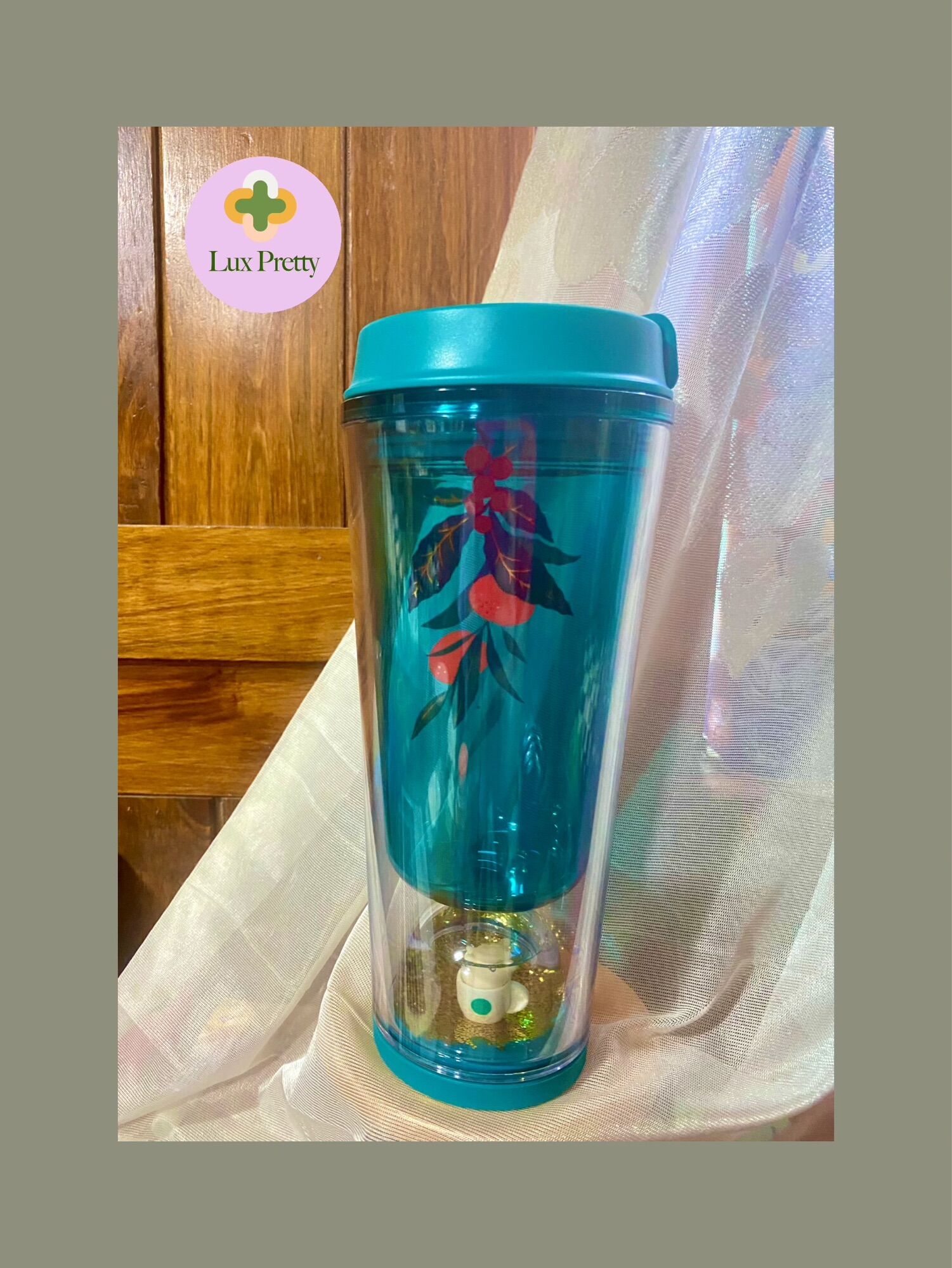 [Hàng thật] Ly nhựa Starbucks màu xanh lá, có họa tiết nước kim tuyến