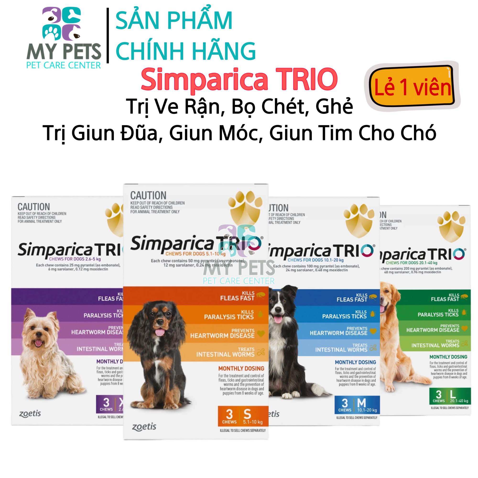   Lẻ 1 viên - No box  SIMPARICA TRIO Viên nhai phòng & trị nội ngoại ký sinh  ve rận bọ chét ghẻ Demodex Sarcoptes giun  dành cho chó 